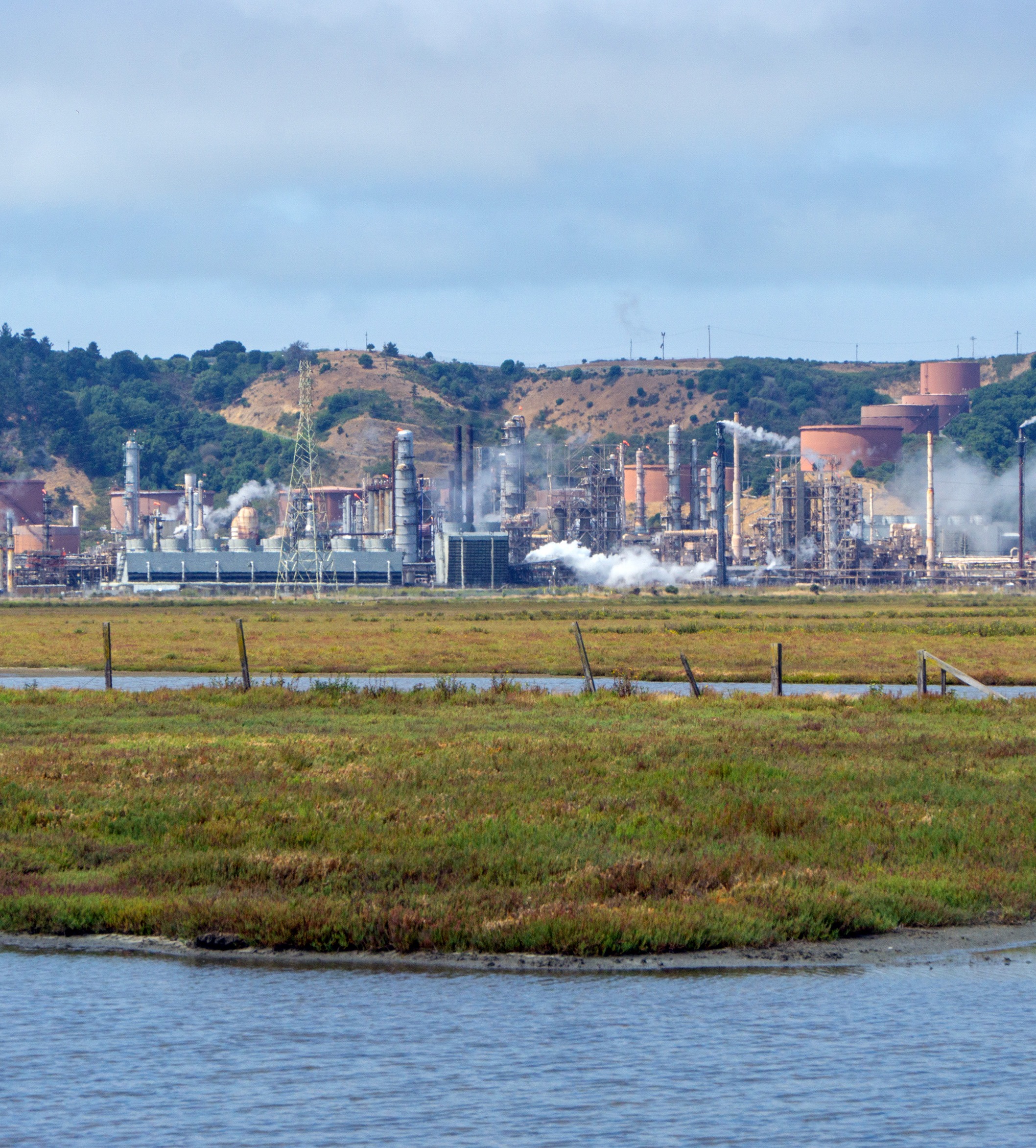 tidal marsh fronting an oil refinery