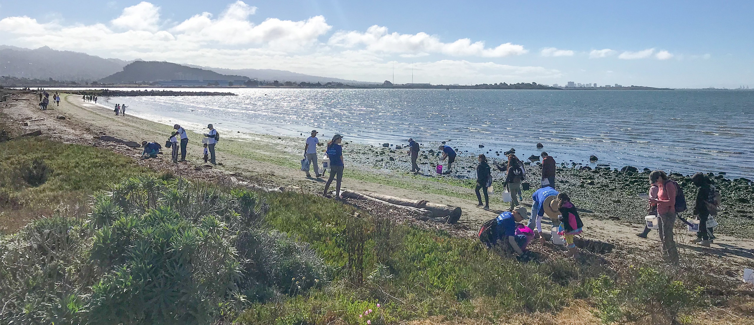 People clean up a beach